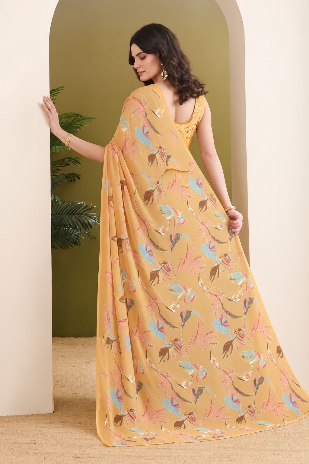 Orange Designer Printed Georgette Ready To Wear Saree — alternate view