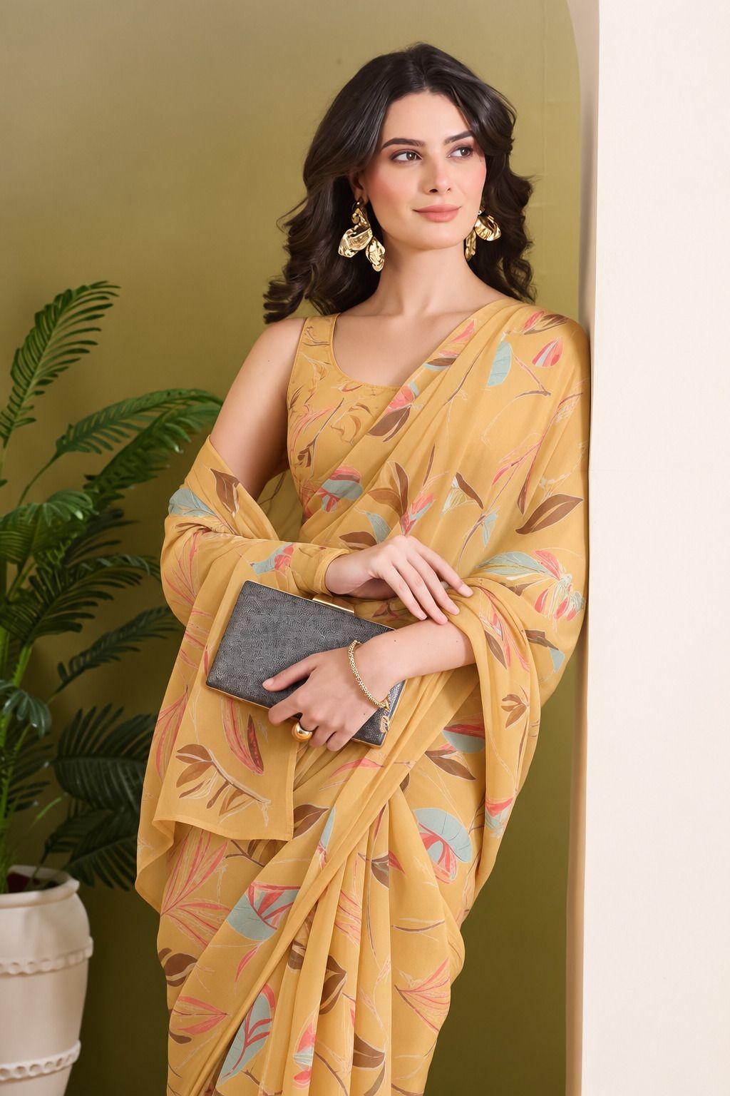 Orange Designer Printed Georgette Ready To Wear Saree