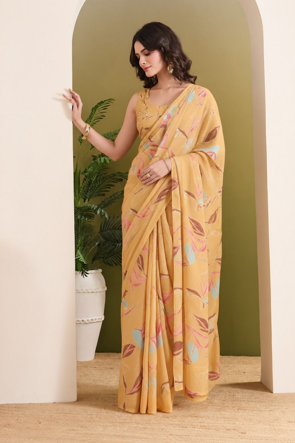 Orange Designer Printed Georgette Ready To Wear Saree