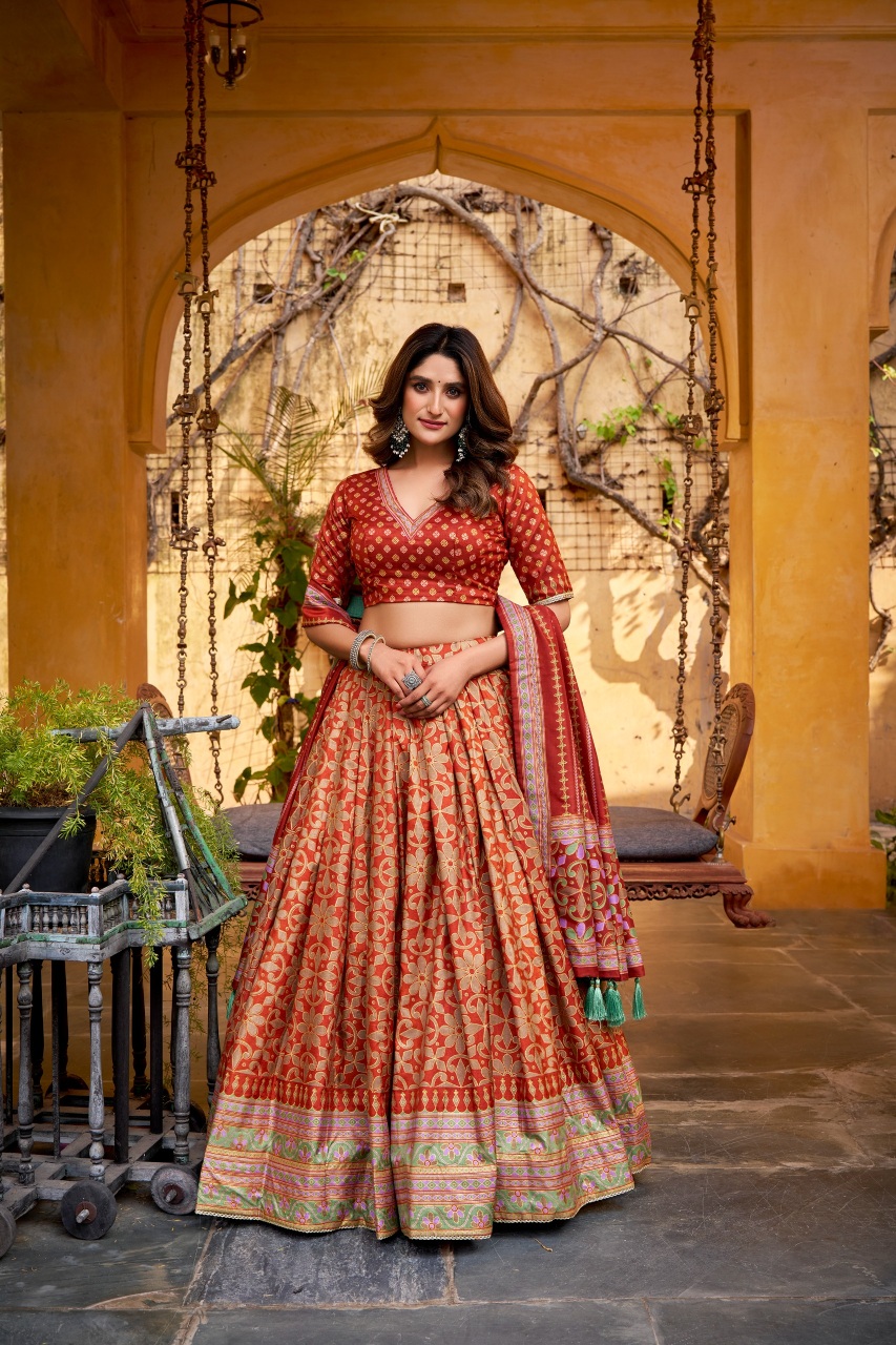 Orange Designer Printed Tussar Silk Lehenga Set