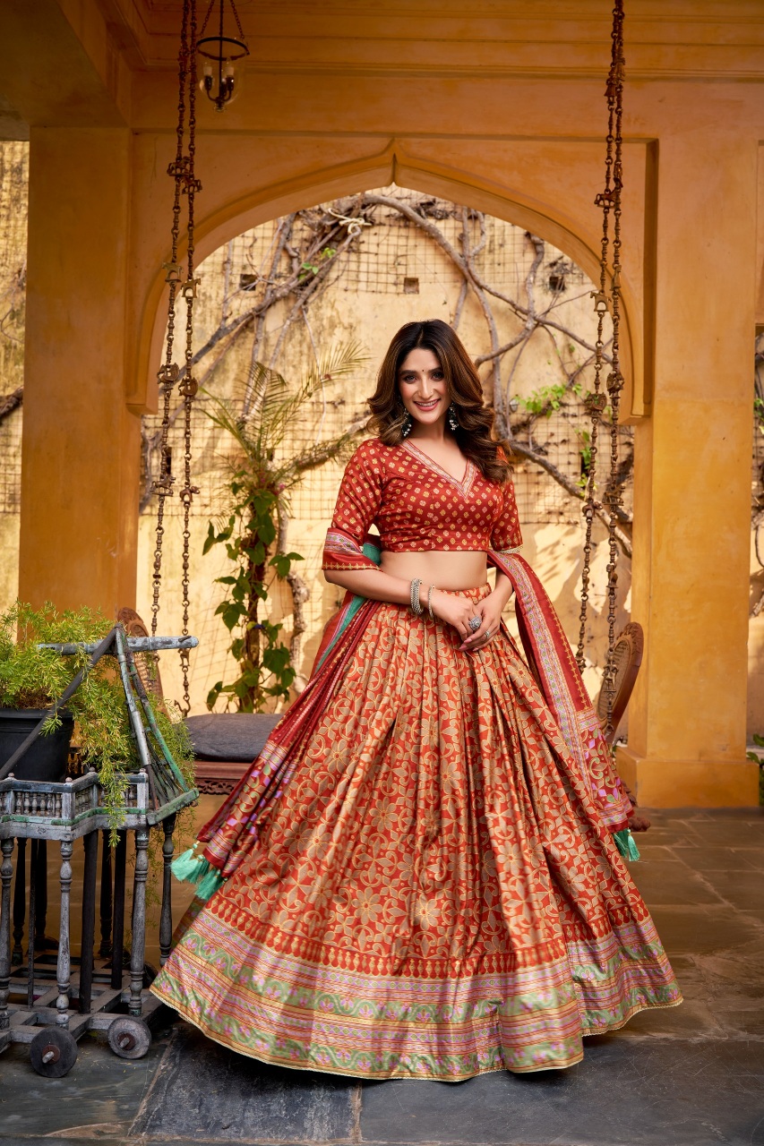 Orange Designer Printed Tussar Silk Lehenga Set — alternate view