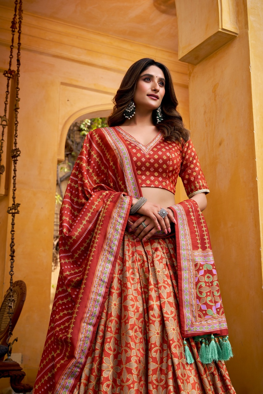 Orange Designer Printed Tussar Silk Lehenga Set