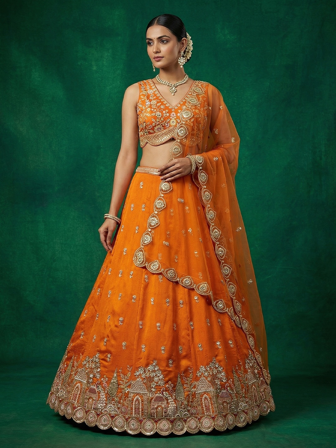 Orange Designer Sequins Embroidery Work Chinnon Lehenga Choli