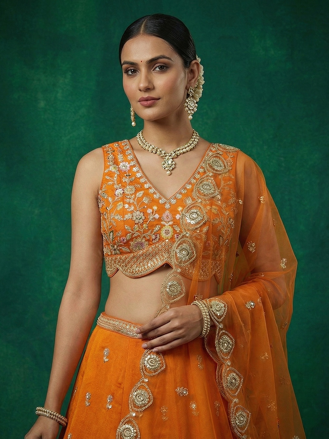Orange Designer Sequins Embroidery Work Chinnon Lehenga Choli — alternate view