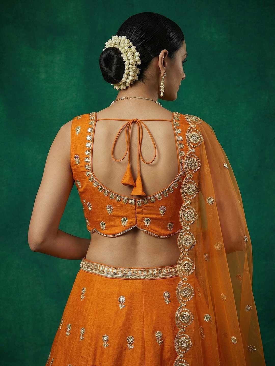 Orange Designer Sequins Embroidery Work Chinnon Lehenga Choli