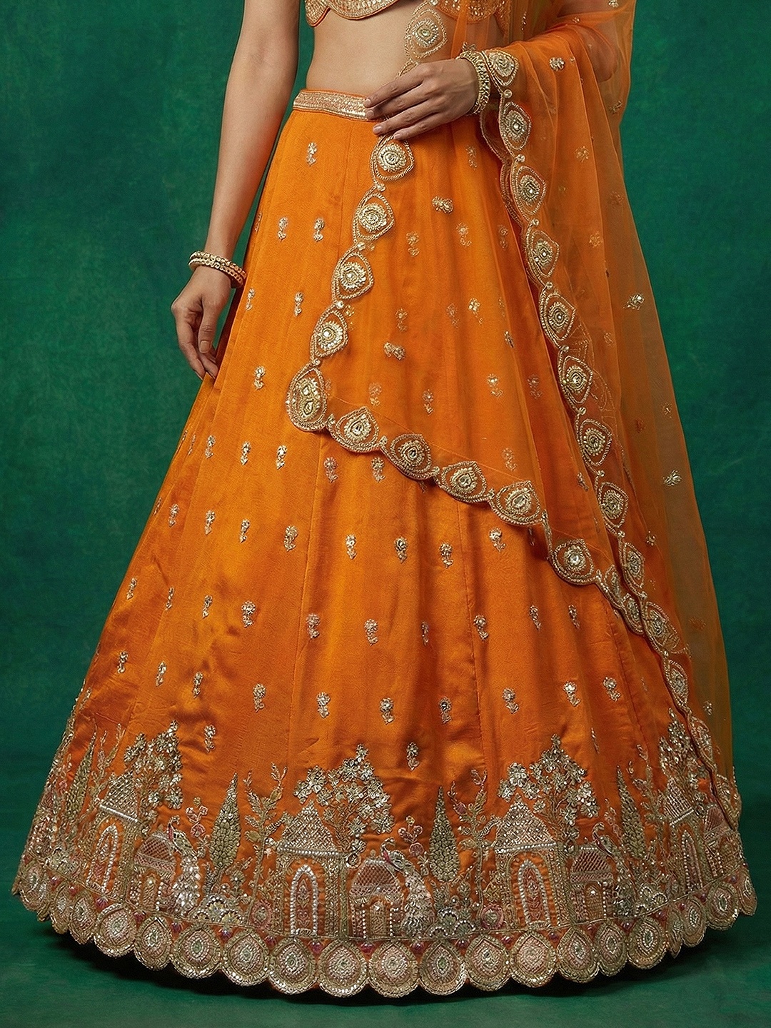 Orange Designer Sequins Embroidery Work Chinnon Lehenga Choli
