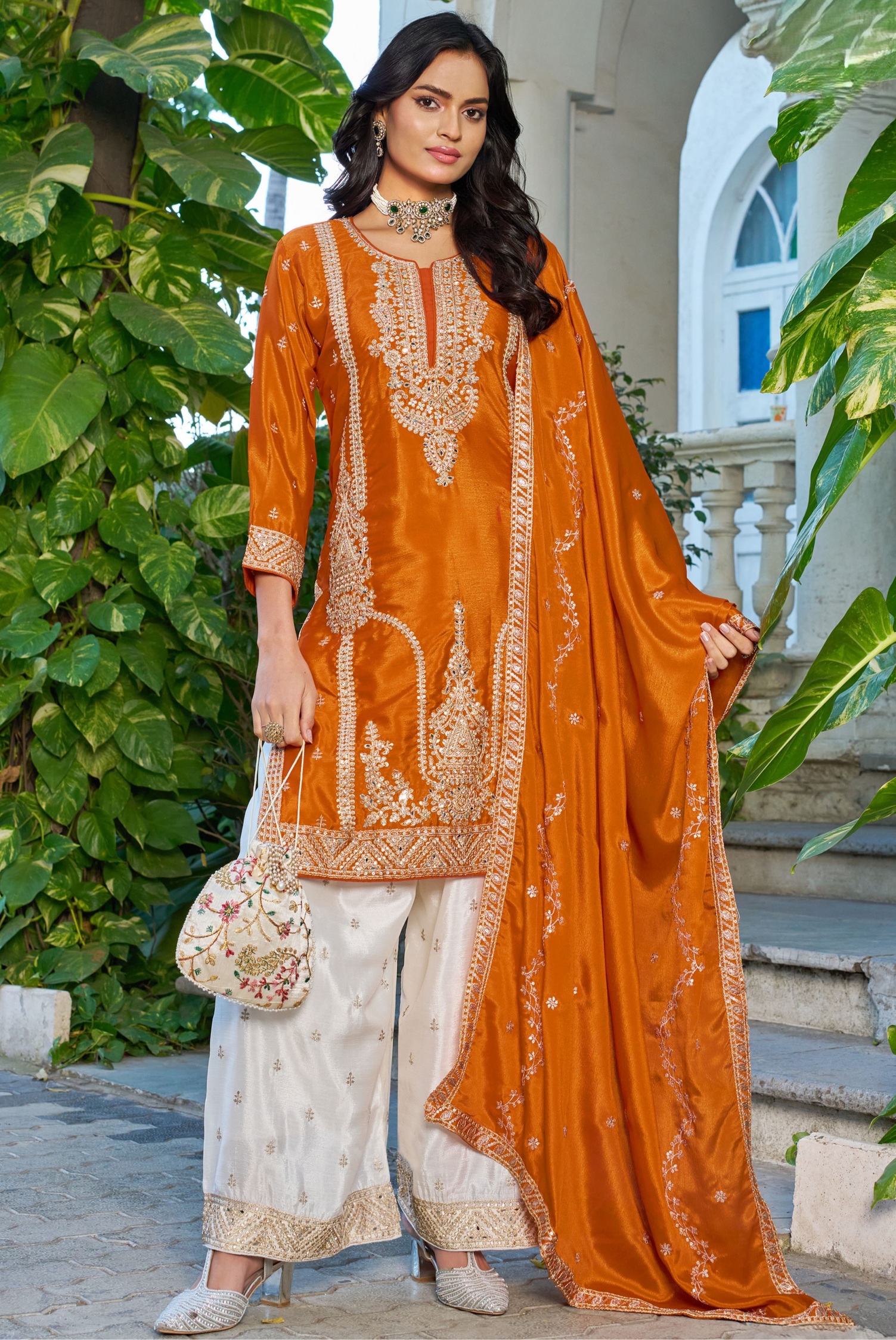 Orange Designer Sequins Palazzo Suit