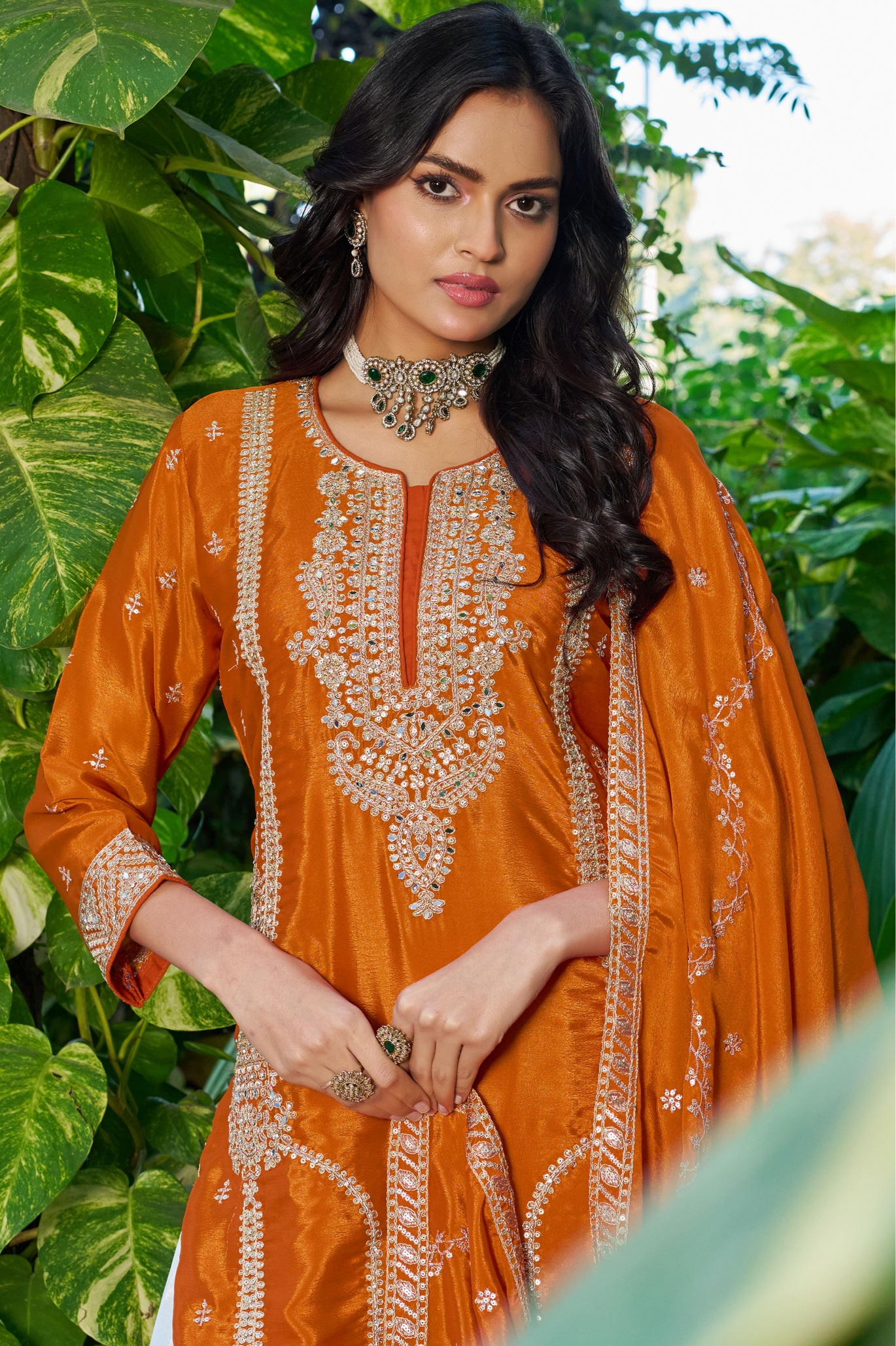 Orange Designer Sequins Palazzo Suit