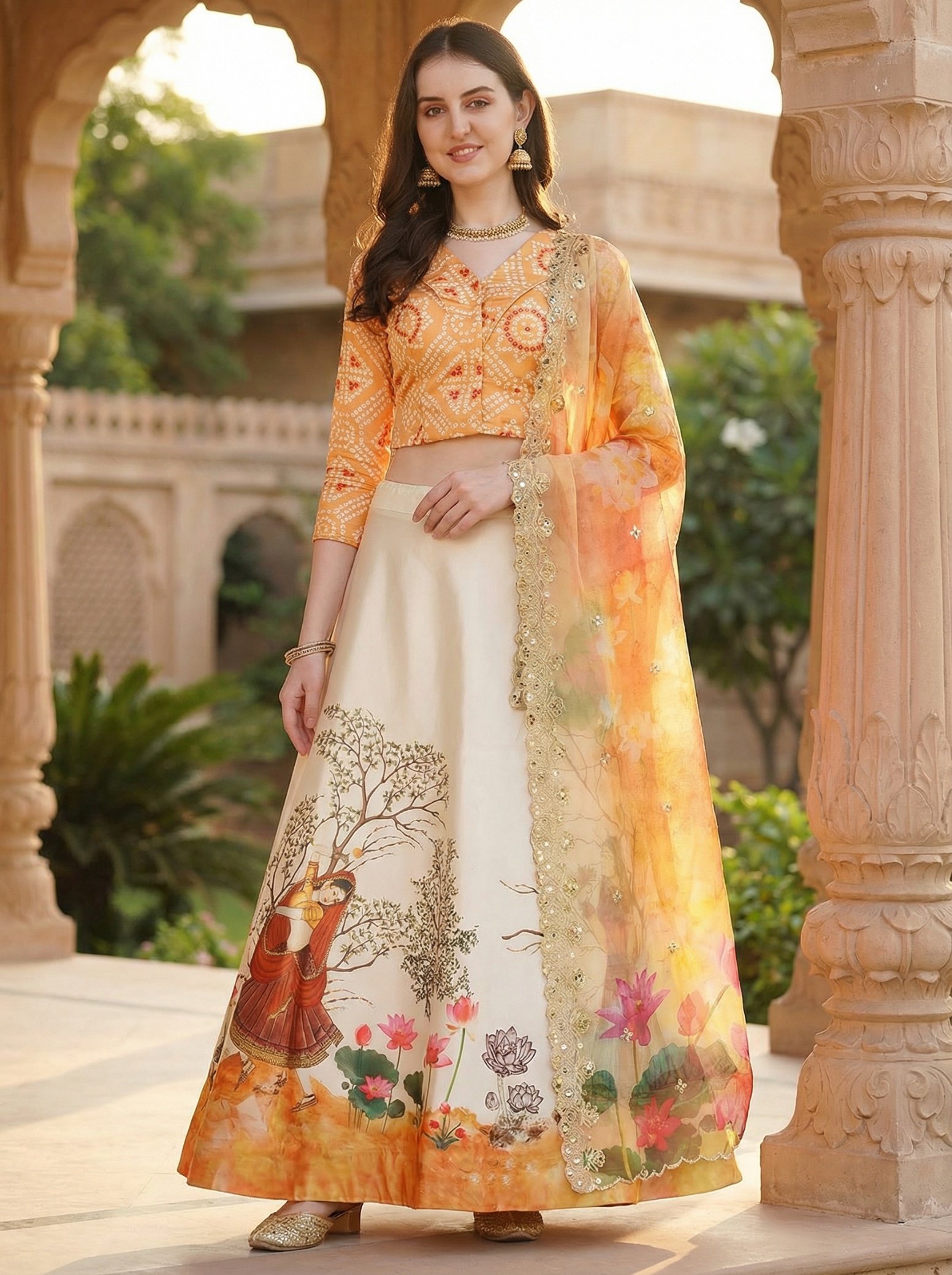 Orange Digital Print Designer Satin Silk Lehenga Choli