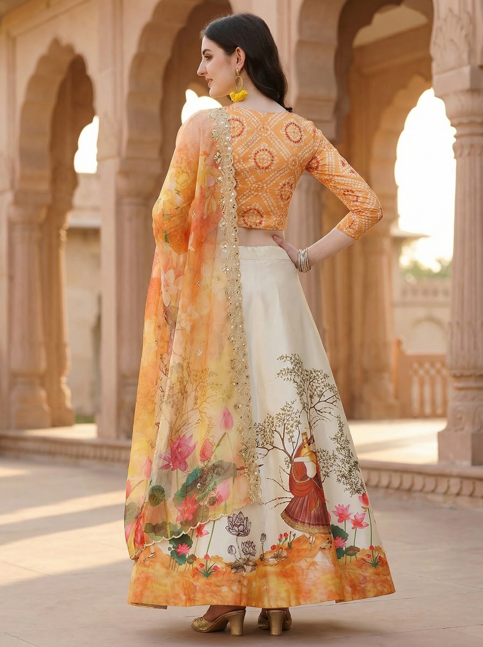 Orange Digital Print Designer Satin Silk Lehenga Choli — alternate view