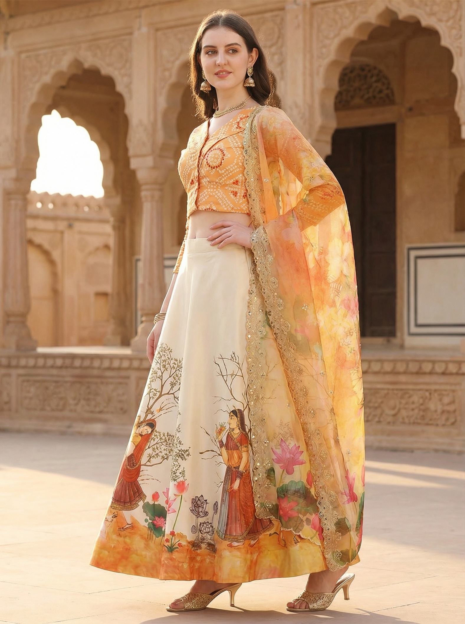 Orange Digital Print Designer Satin Silk Lehenga Choli