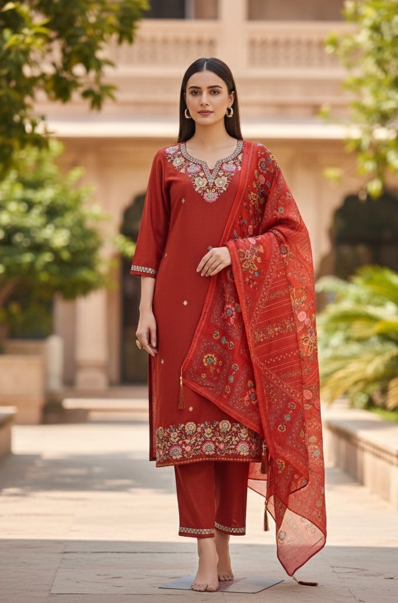 Orange Embroidered A-Line Salwar Suit