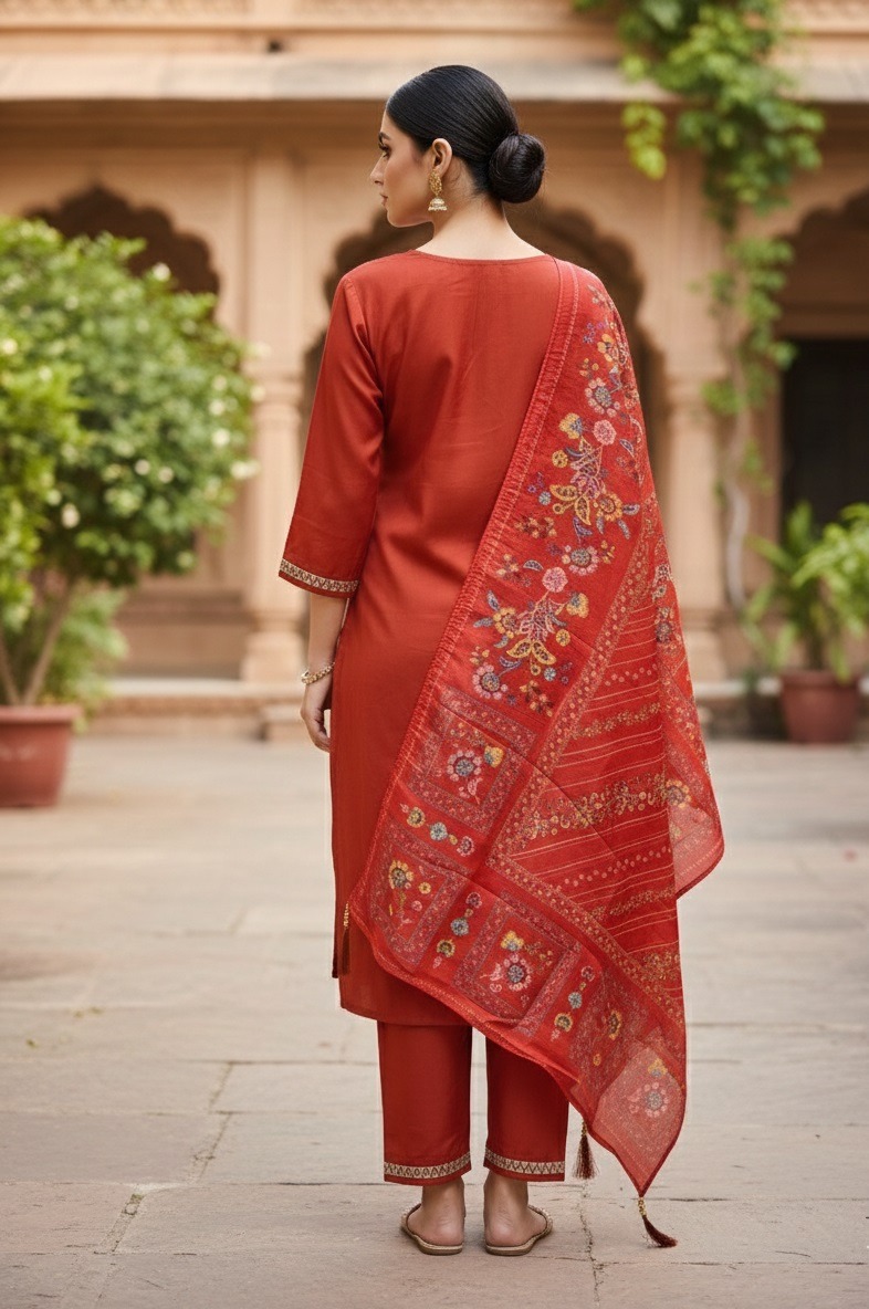 Orange Embroidered A-Line Salwar Suit — alternate view
