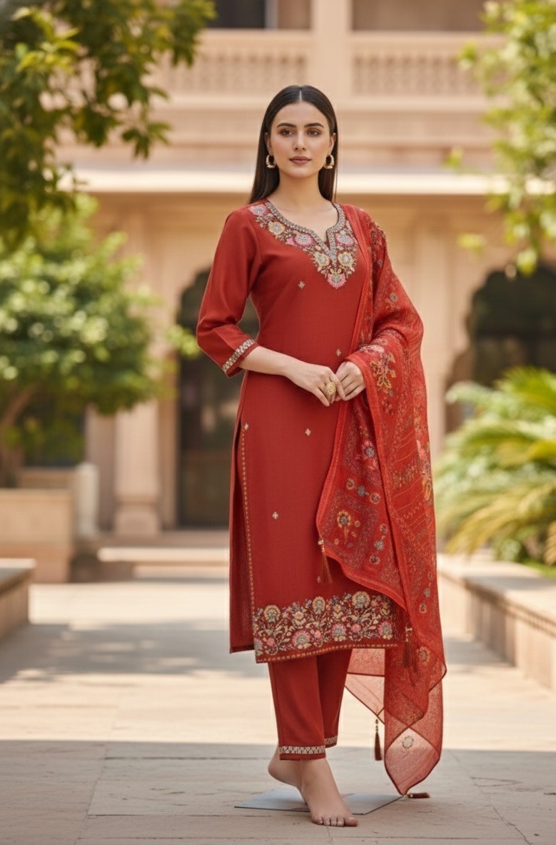 Orange Embroidered A-Line Salwar Suit