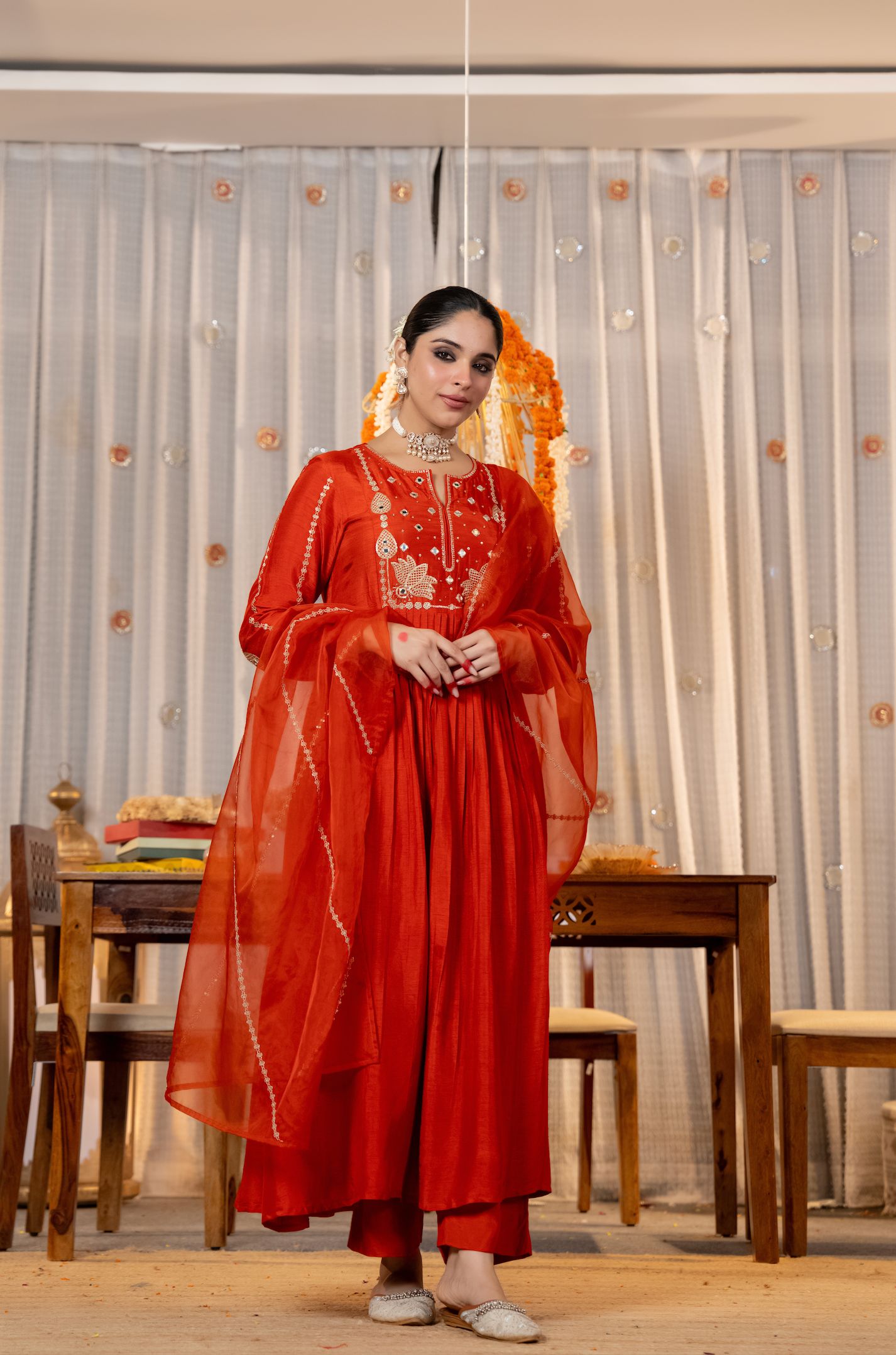 Orange Embroidered Chanderi Salwar Suit