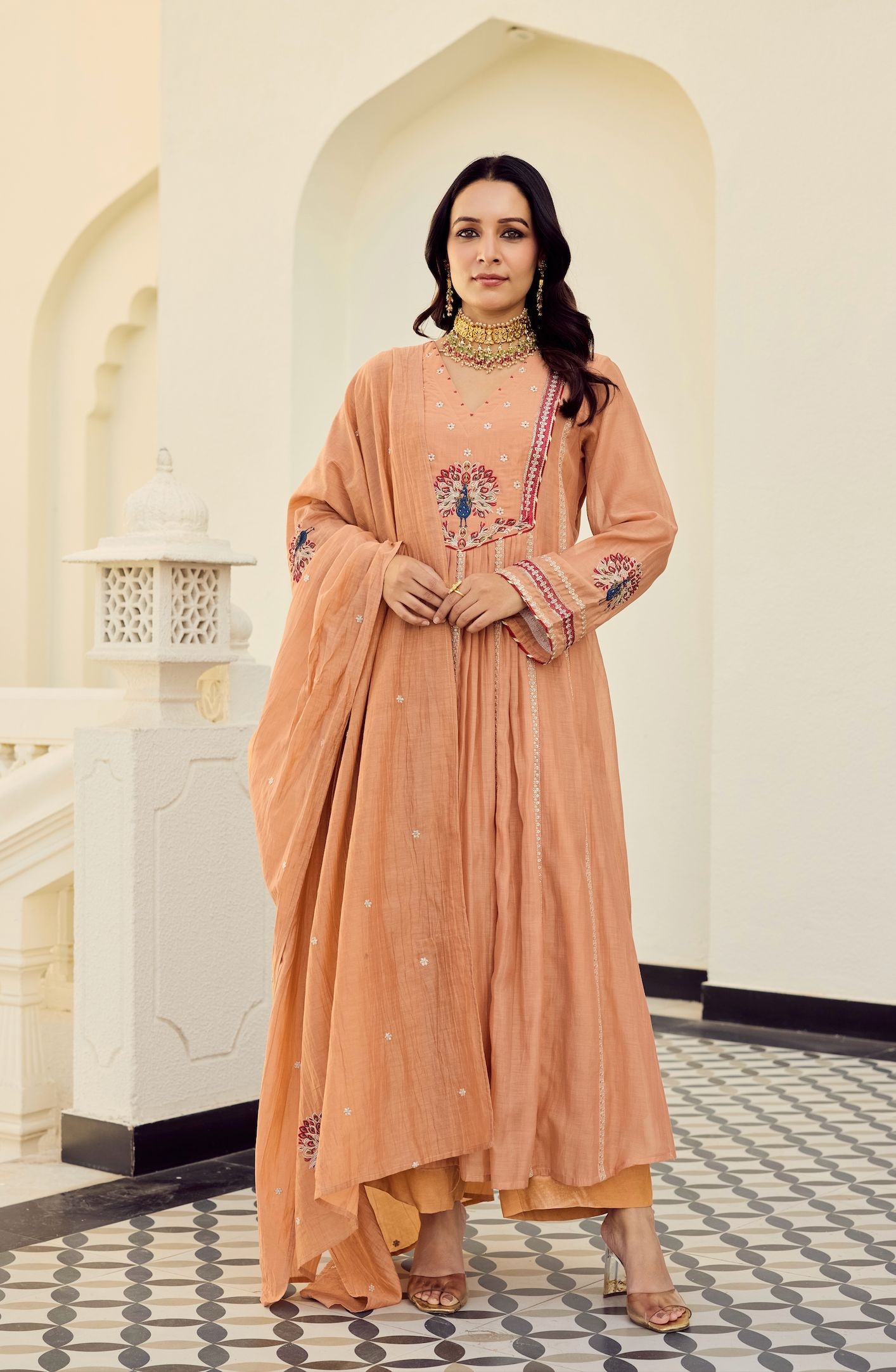 Orange Embroidered Chanderi Silk Anarkali Suit