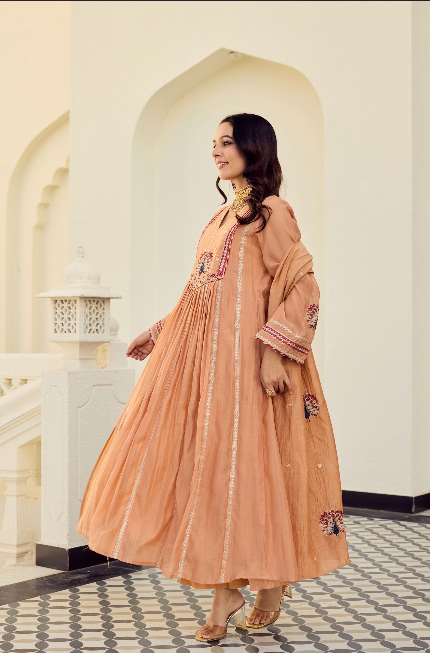 Orange Embroidered Chanderi Silk Anarkali Suit — alternate view
