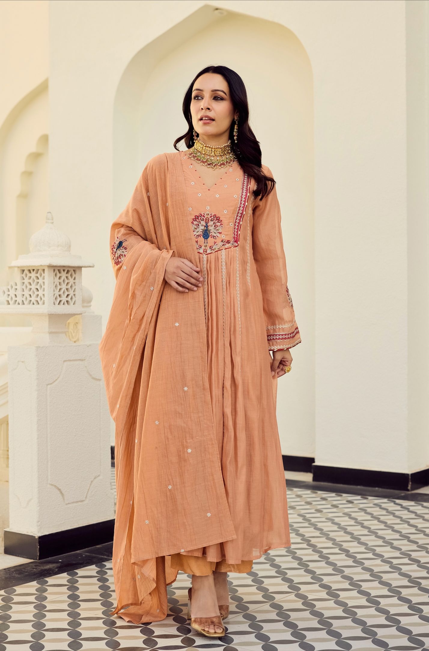 Orange Embroidered Chanderi Silk Anarkali Suit