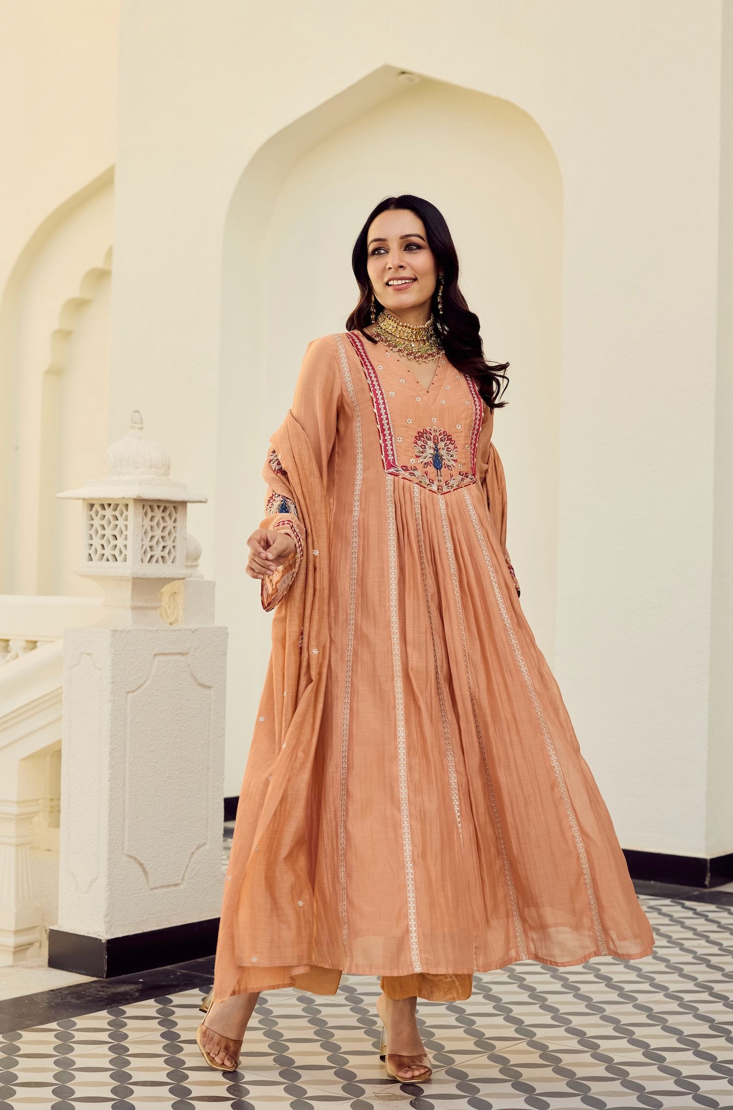 Orange Embroidered Chanderi Silk Anarkali Suit