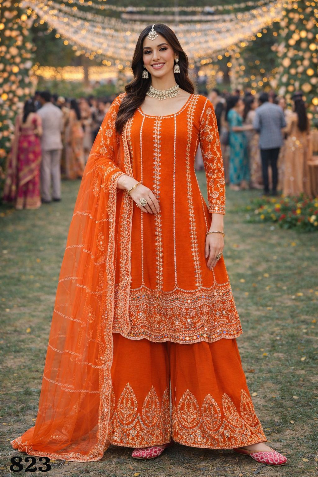 Orange Embroidered Chinon Palazzo Suit