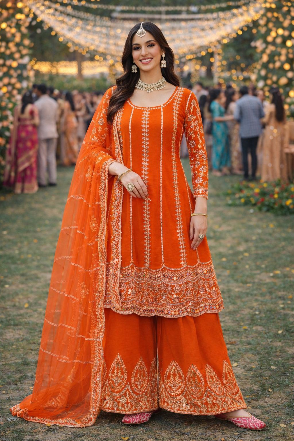 Orange Embroidered Chinon Palazzo Suit
