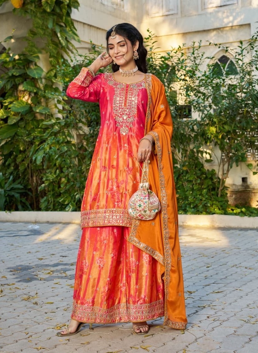 Orange Embroidered Chinon Palazzo Suit