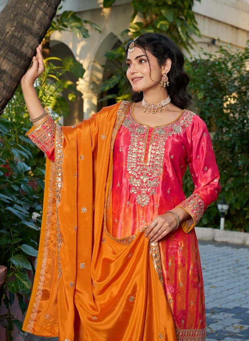 Orange Embroidered Chinon Palazzo Suit — alternate view