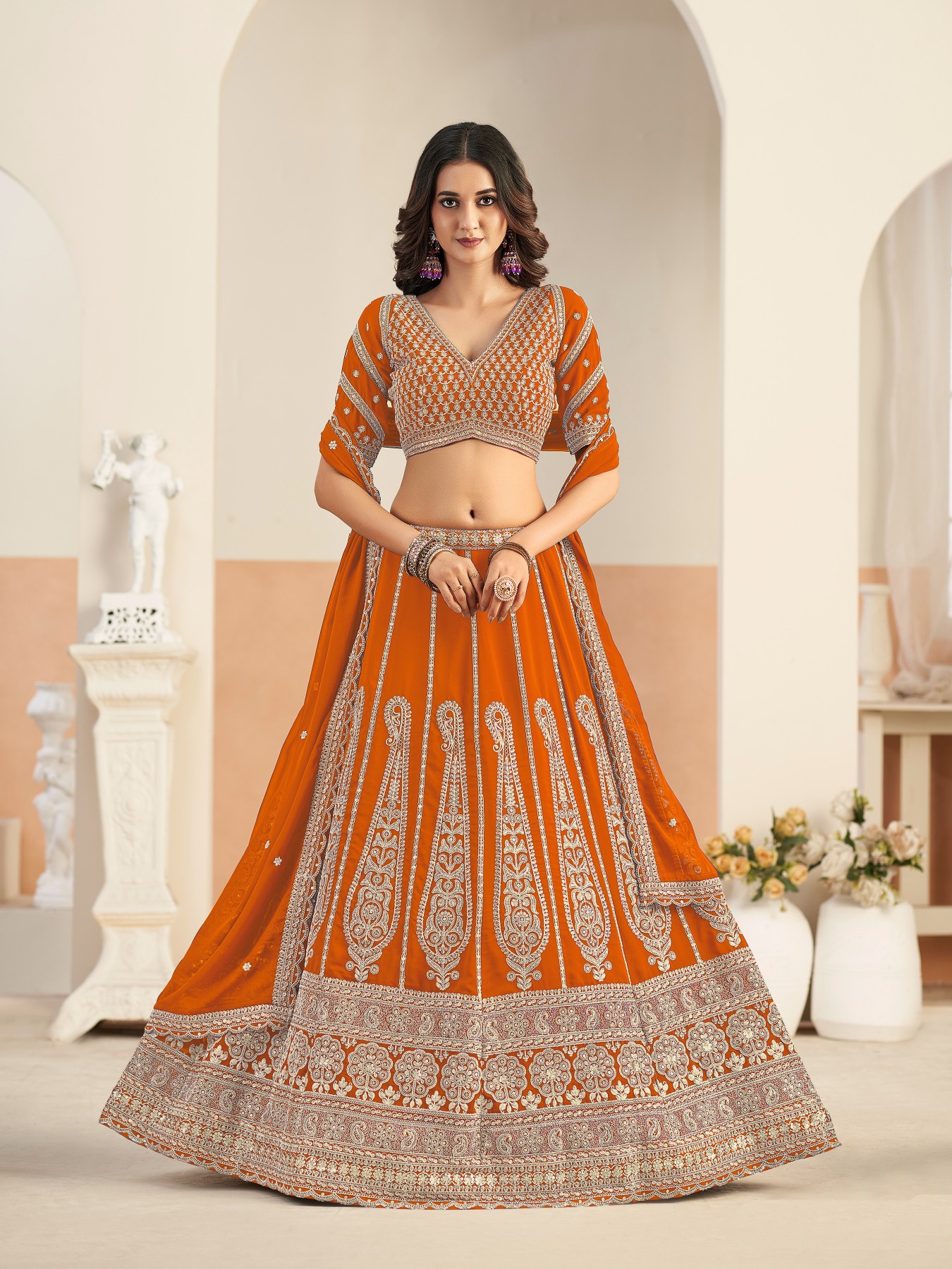 Orange Embroidered Faux Georgette Designer Lehenga Choli