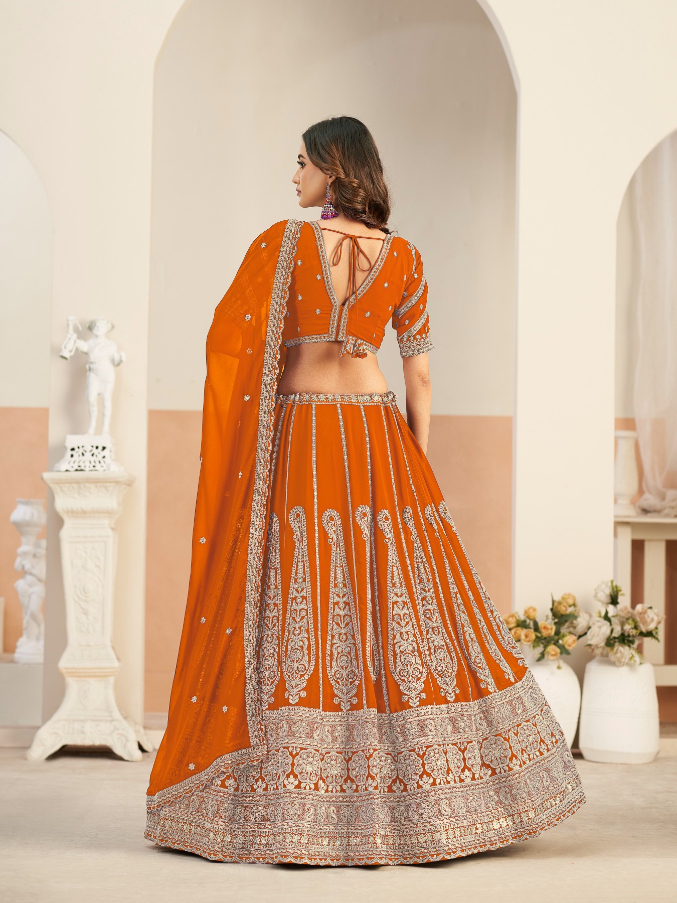 Orange Embroidered Faux Georgette Designer Lehenga Choli — alternate view