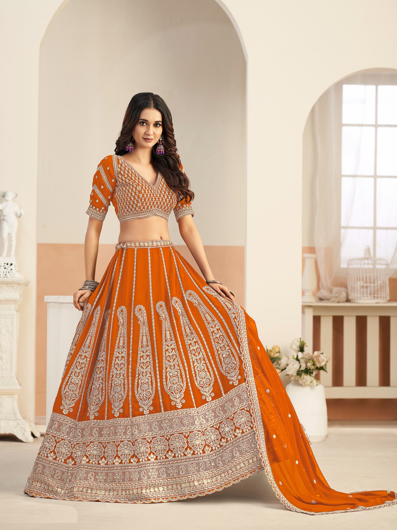 Orange Embroidered Faux Georgette Designer Lehenga Choli