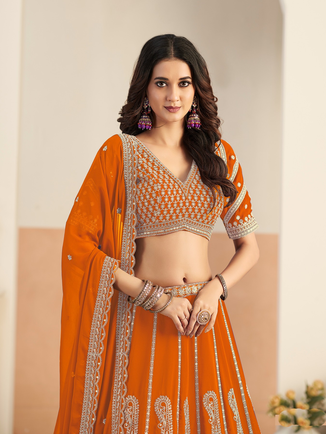 Orange Embroidered Faux Georgette Designer Lehenga Choli