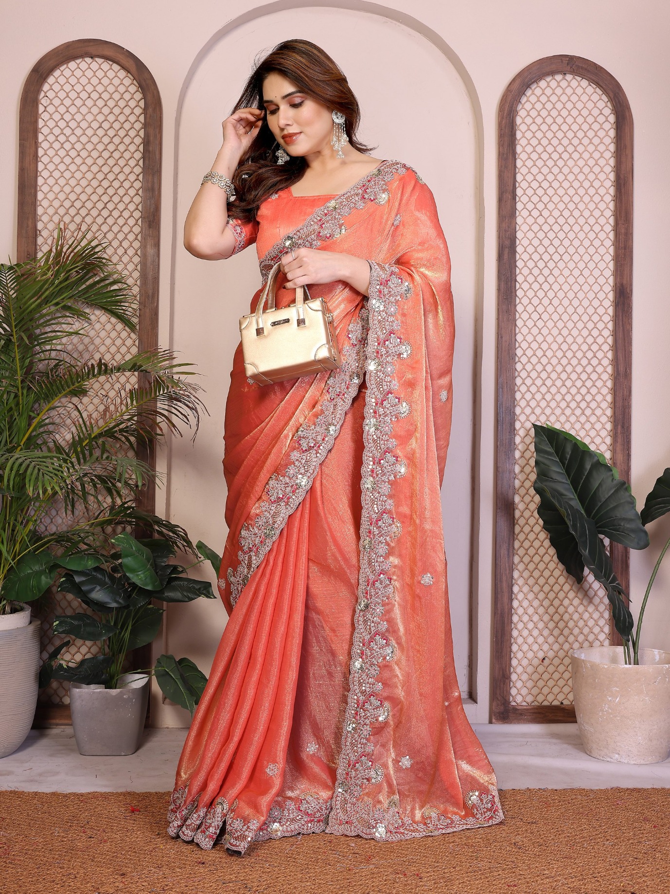 Orange Embroidered Fendy Saree