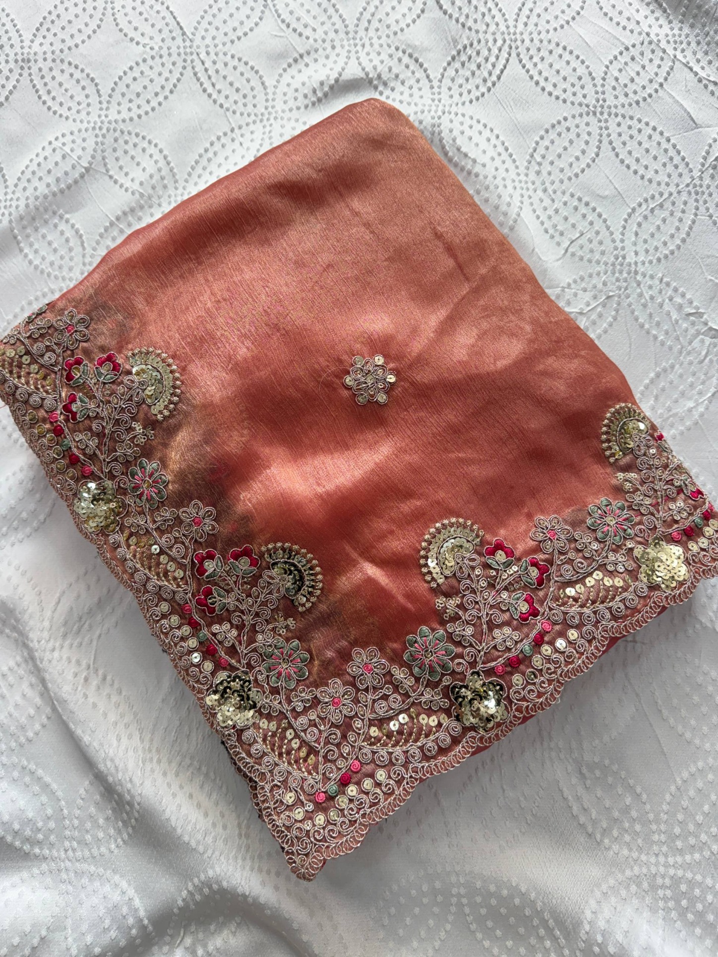 Orange Embroidered Fendy Saree
