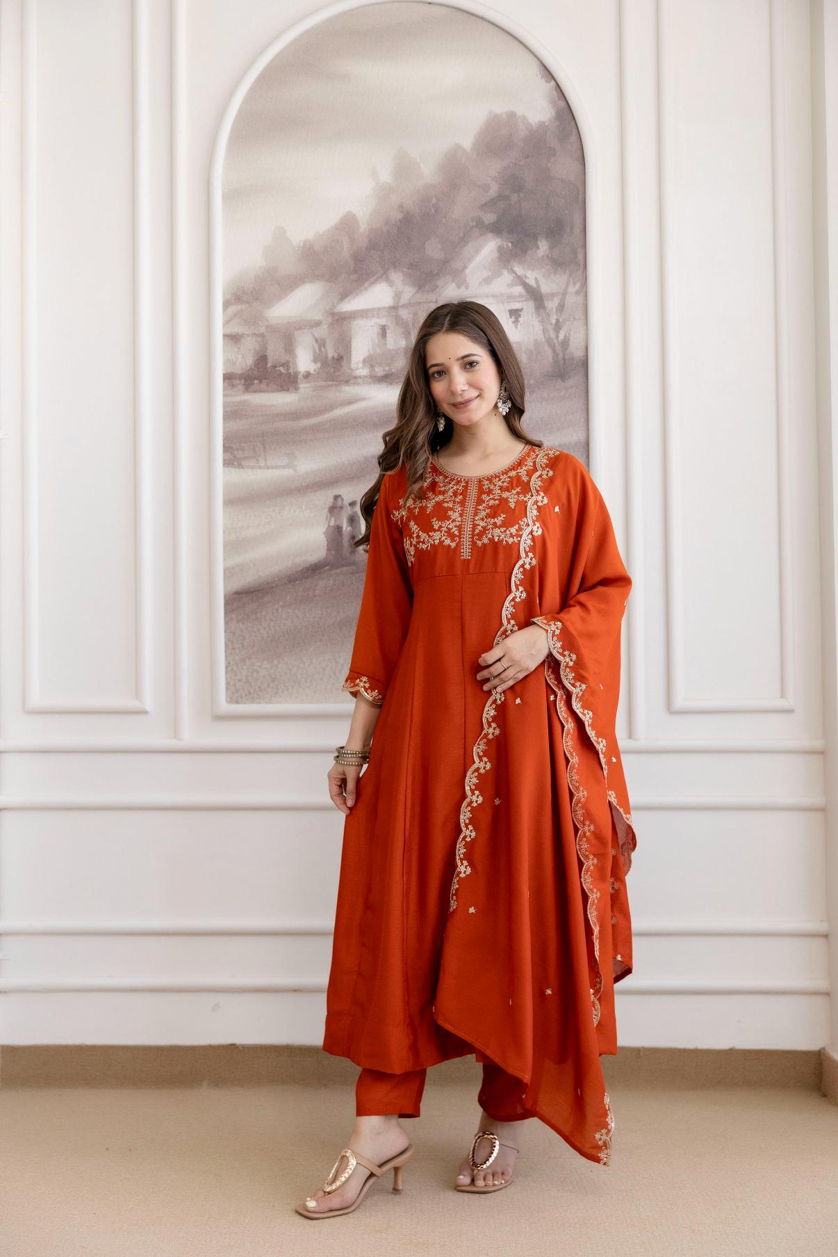 Orange Embroidered Vichitra Silk Anarkali Suit