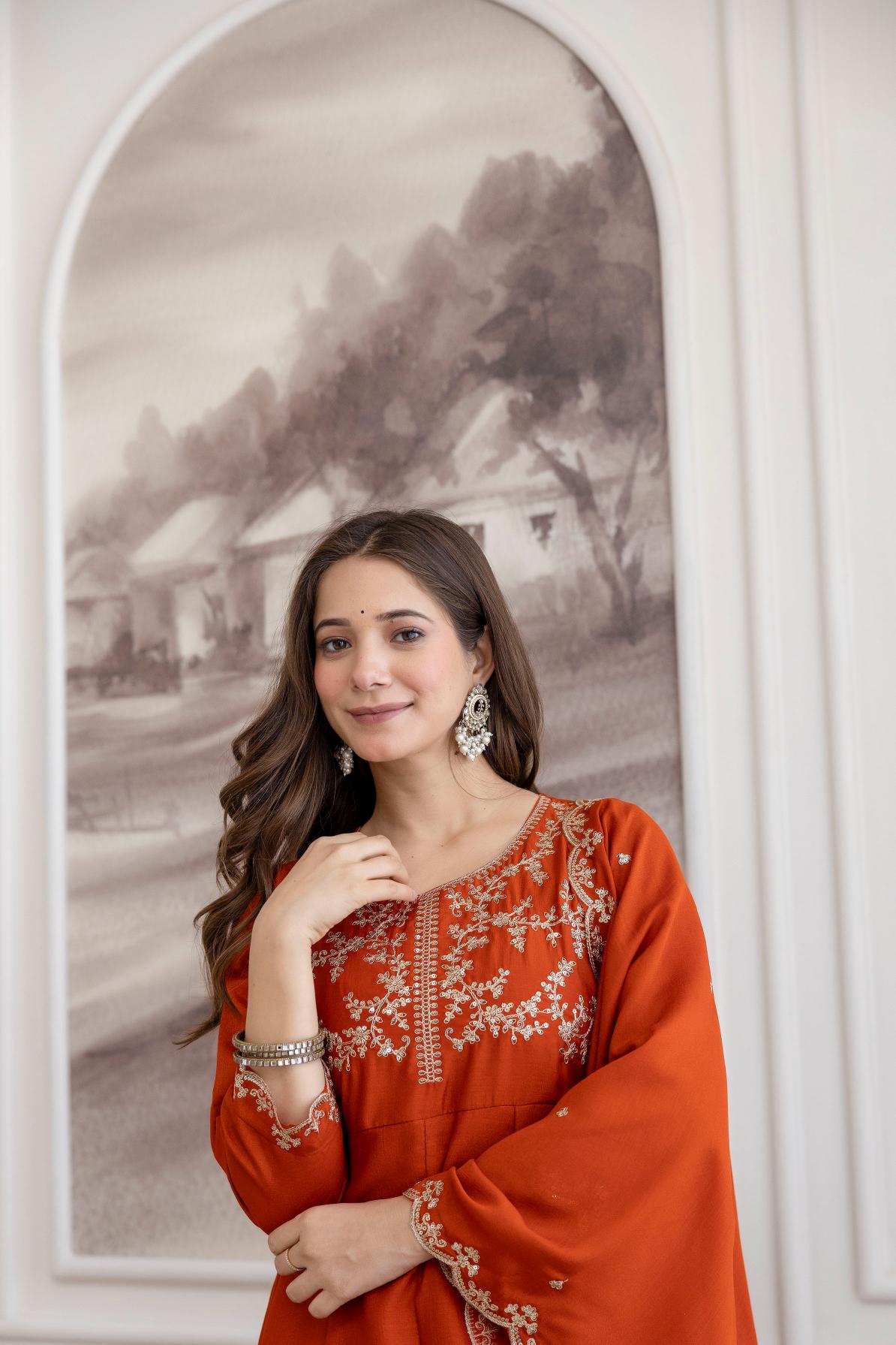 Orange Embroidered Vichitra Silk Anarkali Suit