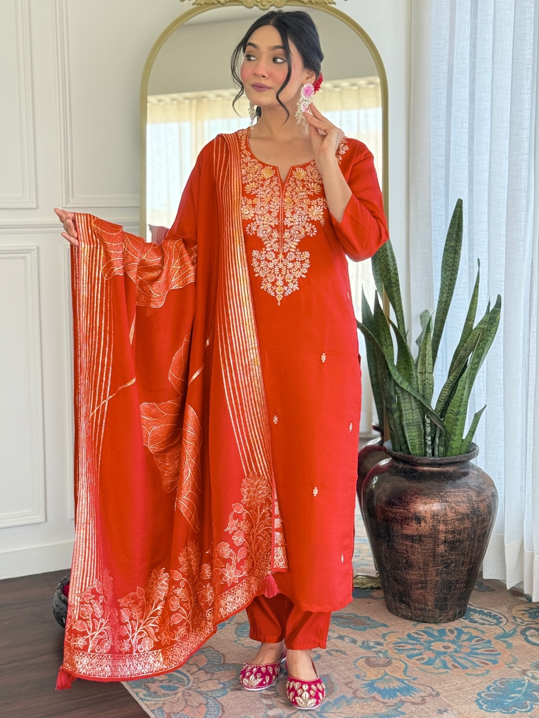 Orange Embroidery Work Roman Silk Salwar Suit
