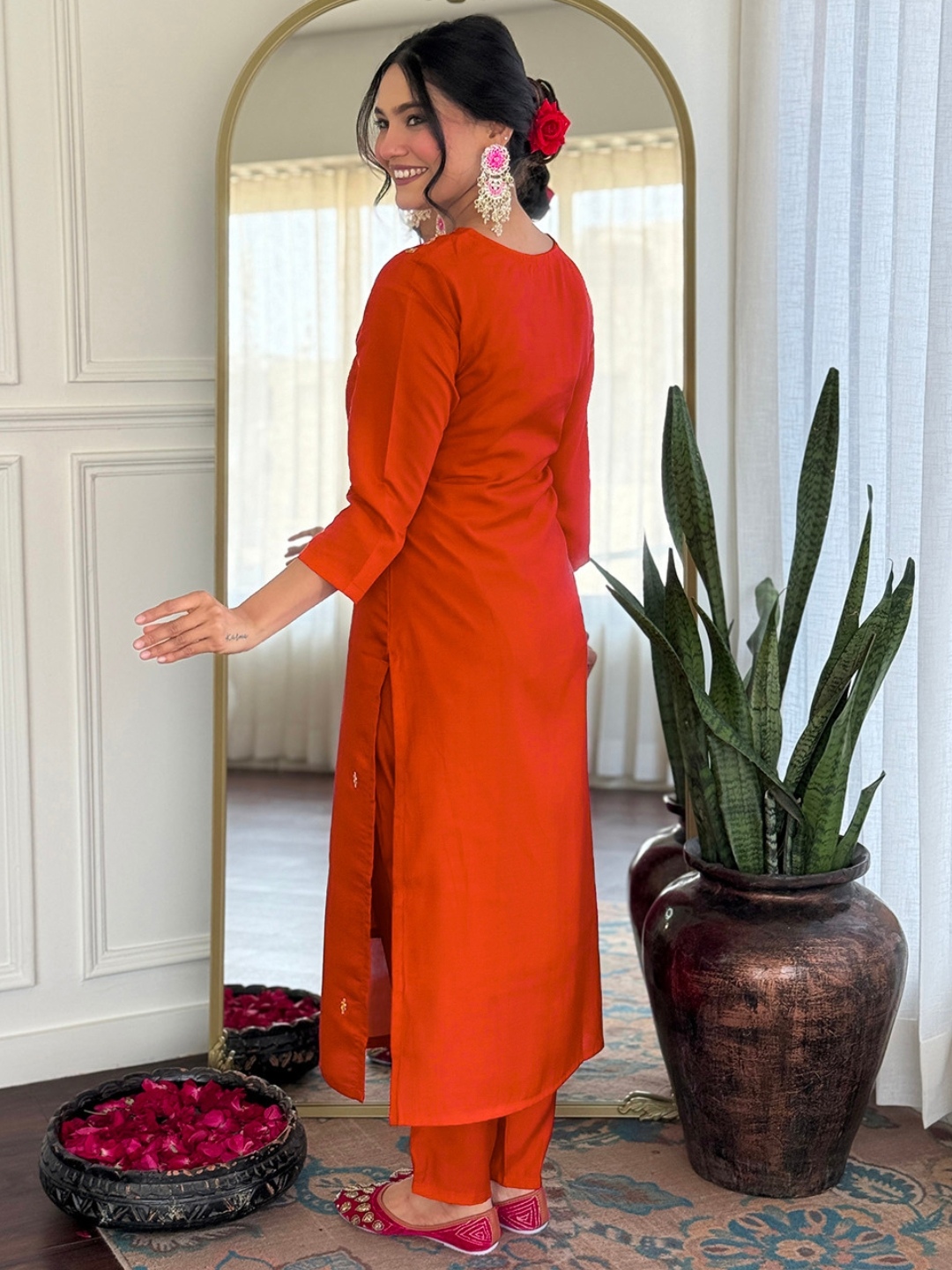 Orange Embroidery Work Roman Silk Salwar Suit — alternate view