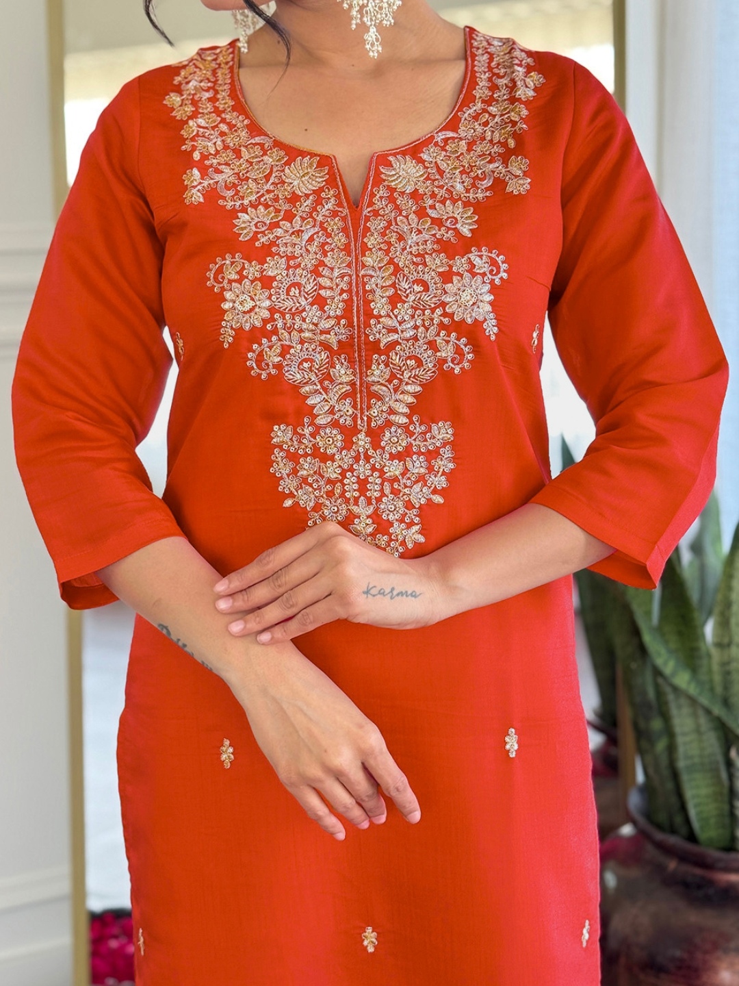 Orange Embroidery Work Roman Silk Salwar Suit