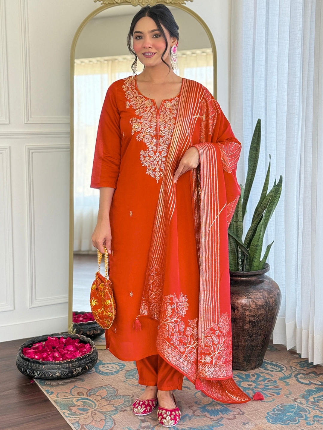 Orange Embroidery Work Roman Silk Salwar Suit
