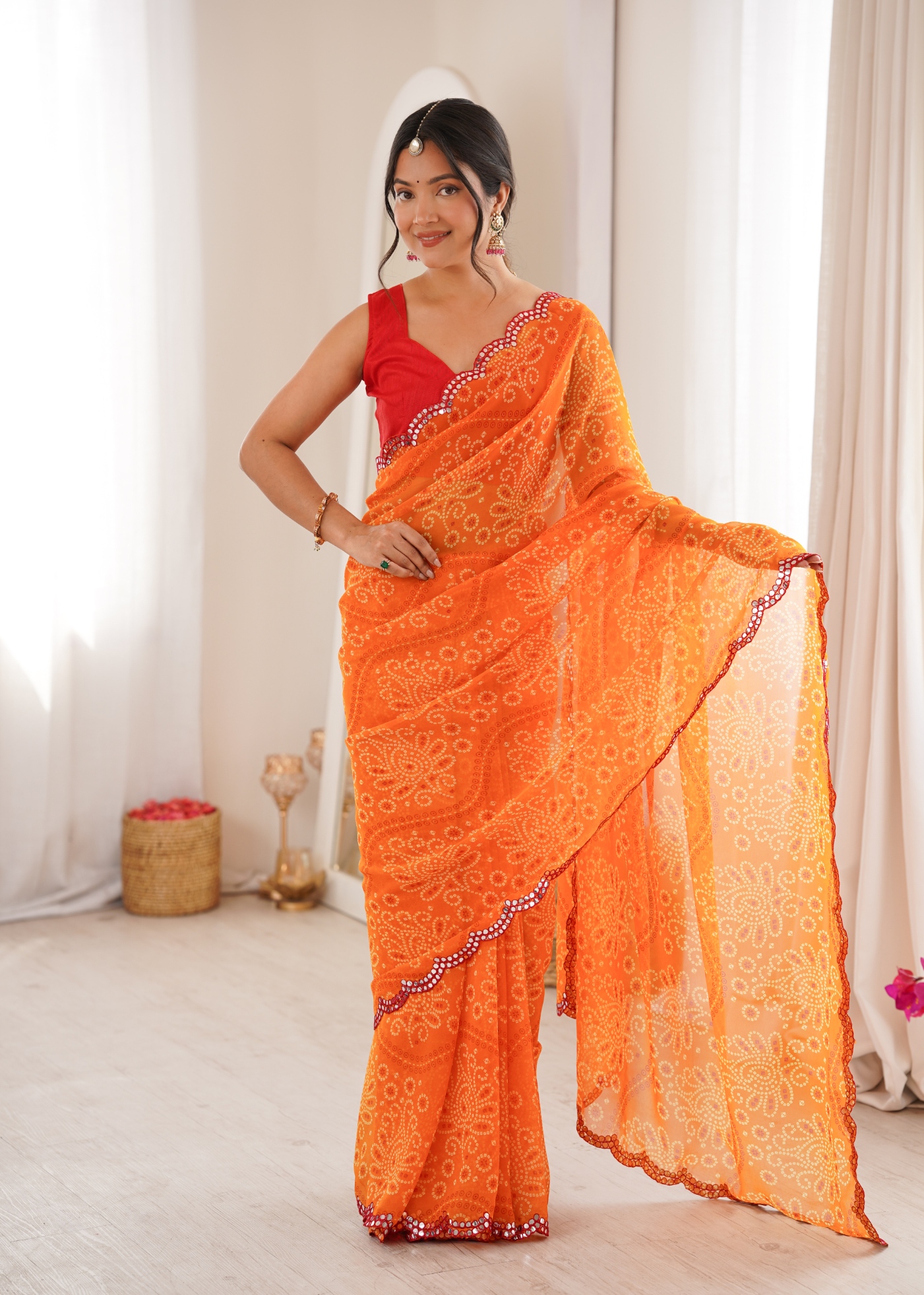 Orange Ethnic Motif Bandhani Georgette Saree