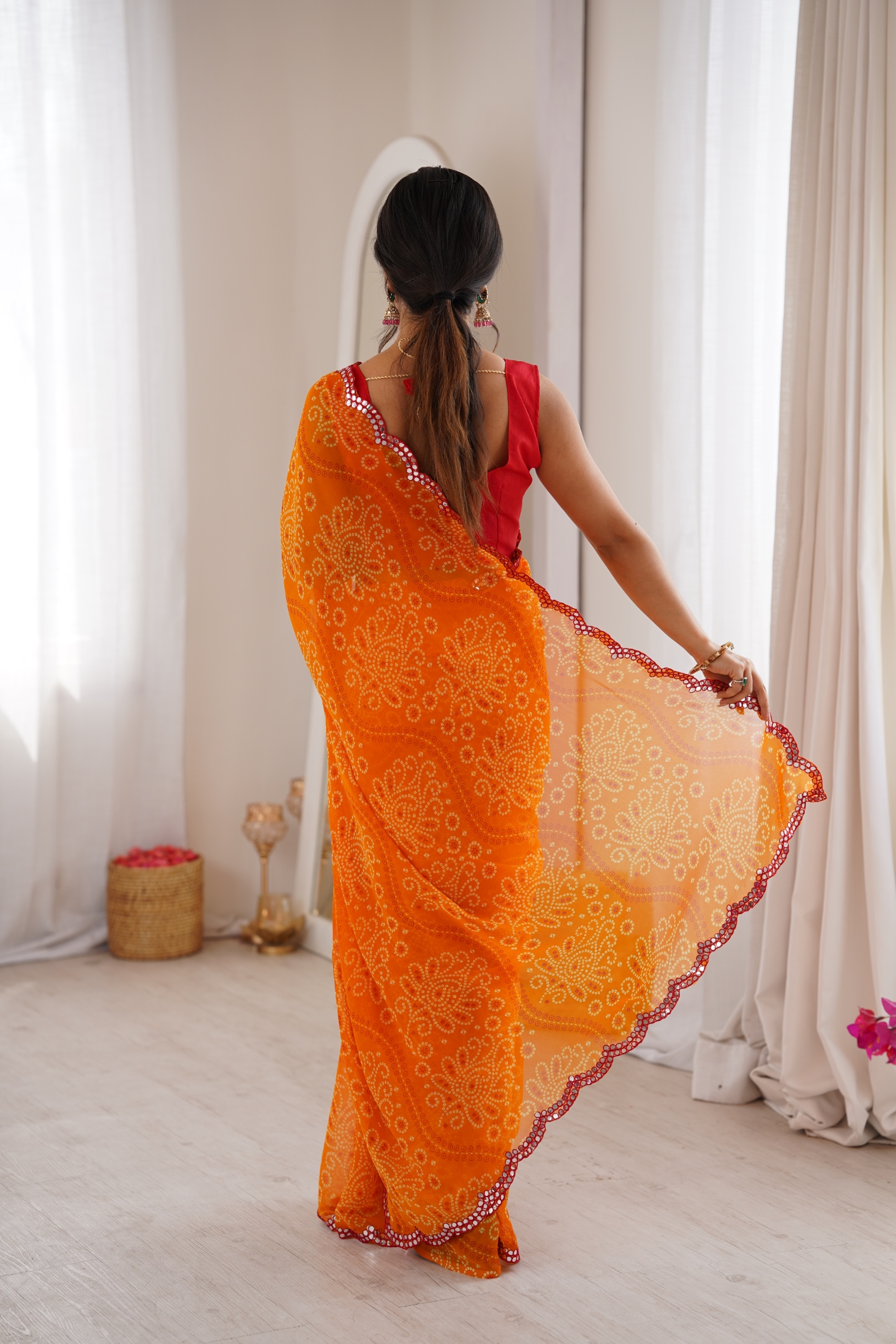 Orange Ethnic Motif Bandhani Georgette Saree — alternate view