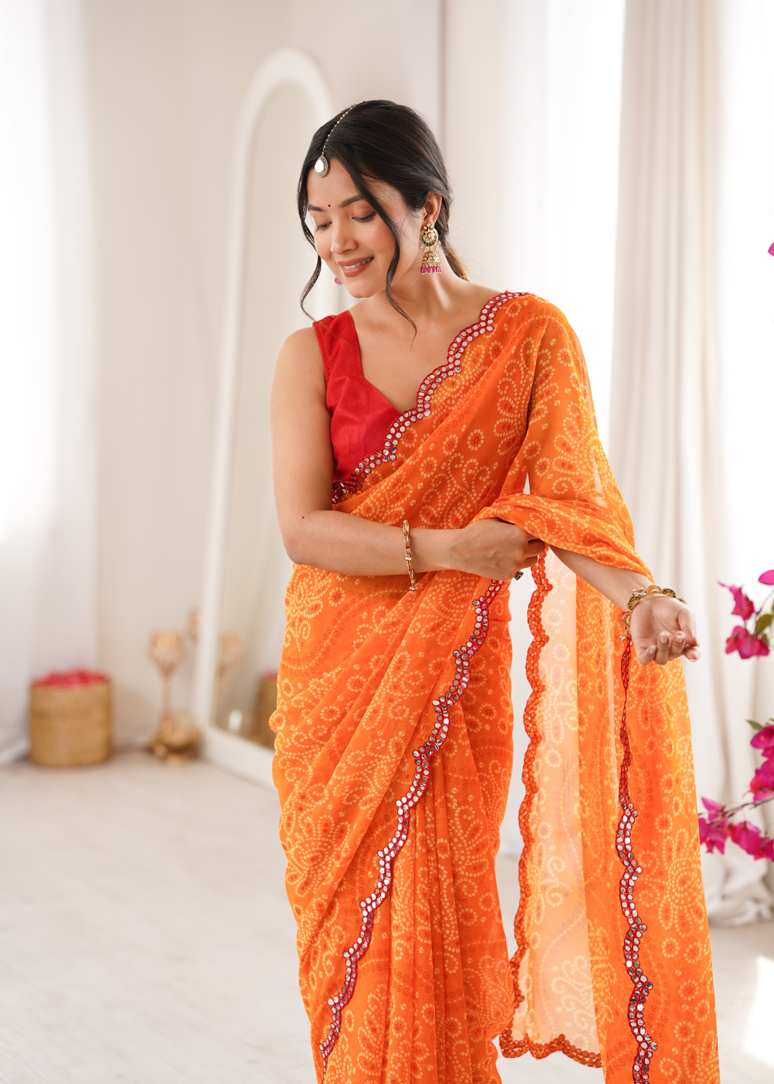 Orange Ethnic Motif Bandhani Georgette Saree