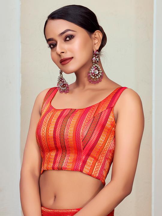 Orange Ethnic Stripe Jacquard Banarasi Silk Saree Blouse
