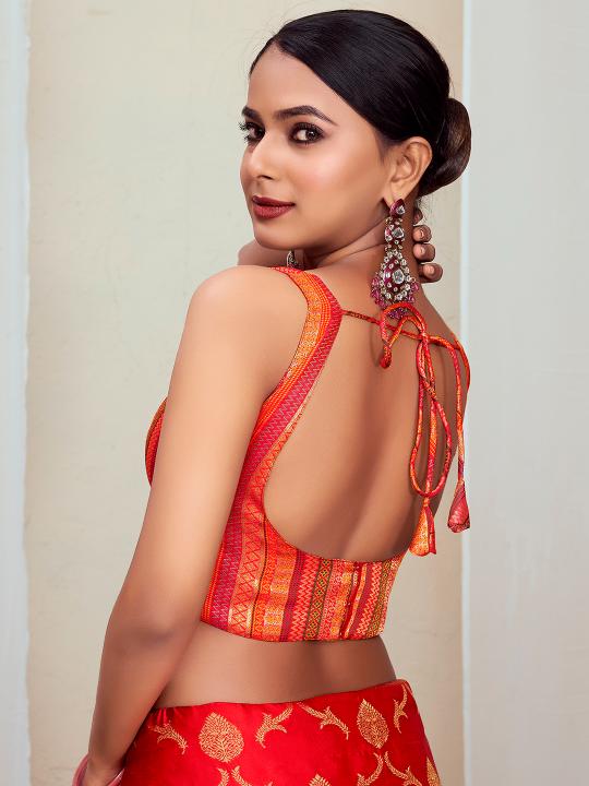 Orange Ethnic Stripe Jacquard Banarasi Silk Saree Blouse — alternate view