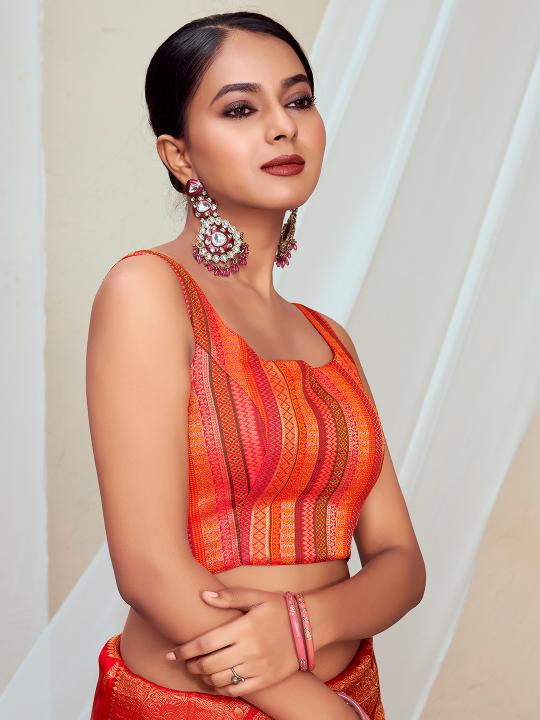 Orange Ethnic Stripe Jacquard Banarasi Silk Saree Blouse