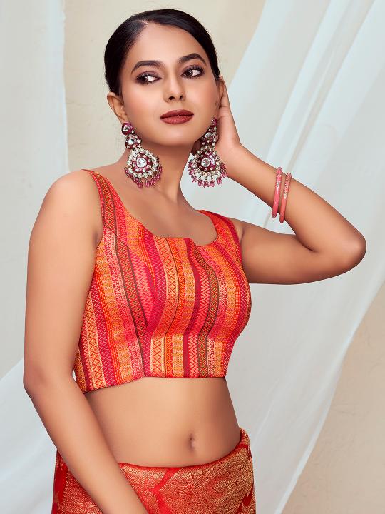 Orange Ethnic Stripe Jacquard Banarasi Silk Saree Blouse