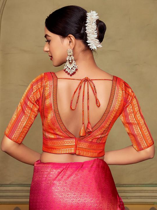 Orange Ethnic Stripe Jacquard Banarasi Silk V-Neck Saree Blouse — alternate view