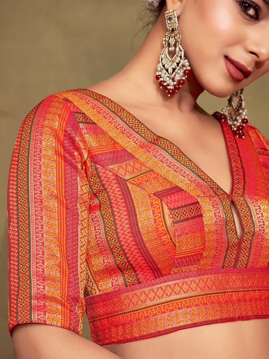 Orange Ethnic Stripe Jacquard Banarasi Silk V-Neck Saree Blouse