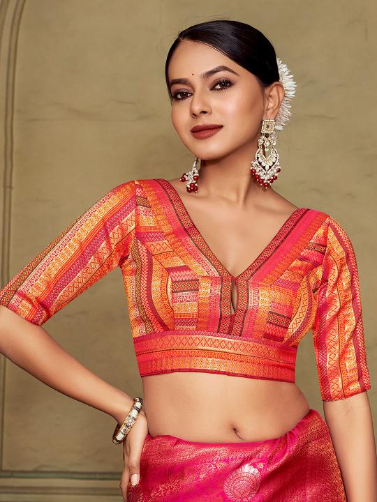Orange Ethnic Stripe Jacquard Banarasi Silk V-Neck Saree Blouse