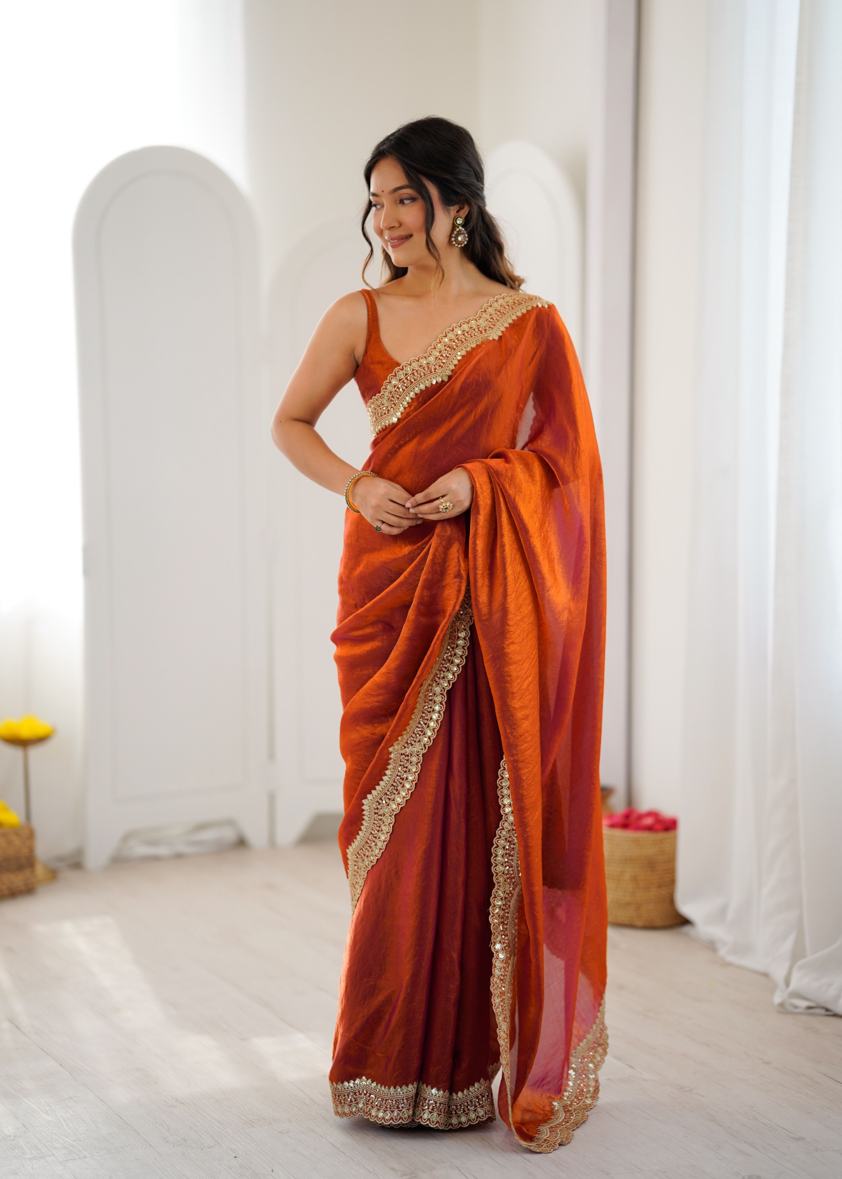 Orange Fendy Satin Silk Sequin Zari Embroidered Saree